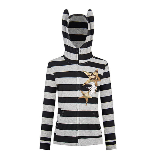 Damen Kapuzenjacke mit Ohren, gestreifter Zip-Cardigan und Sternapplikationen Shop Nory
