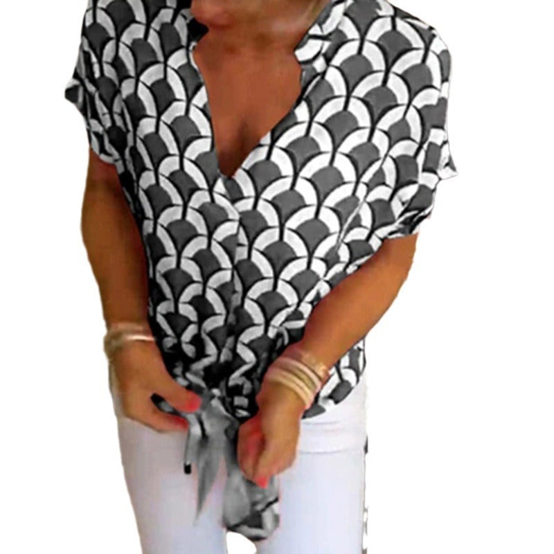 Damen nan kurzärmeliges geometrisches Blusenshirt mit Knotenbund und Stehkragen