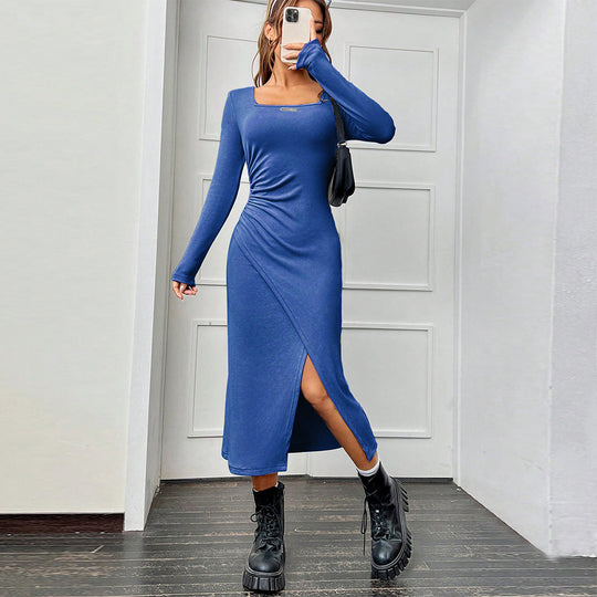 Damen figurbetontes Wickel‑Midikleid mit eckigem Ausschnitt, asymmetrischem Seitenschlitz und taillierender Raffung Shop Nory