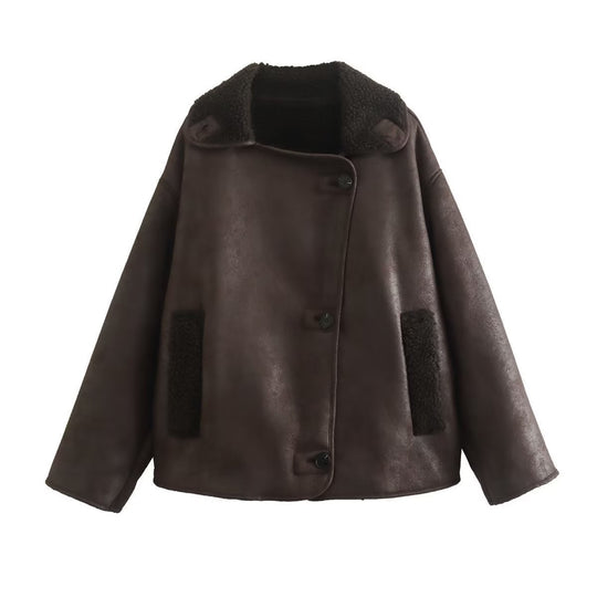 Damen nan Oversize Lammfellimitat Kunstlederjacke mit Sherpa-Kragen und Eingrifftaschen Shop Nory