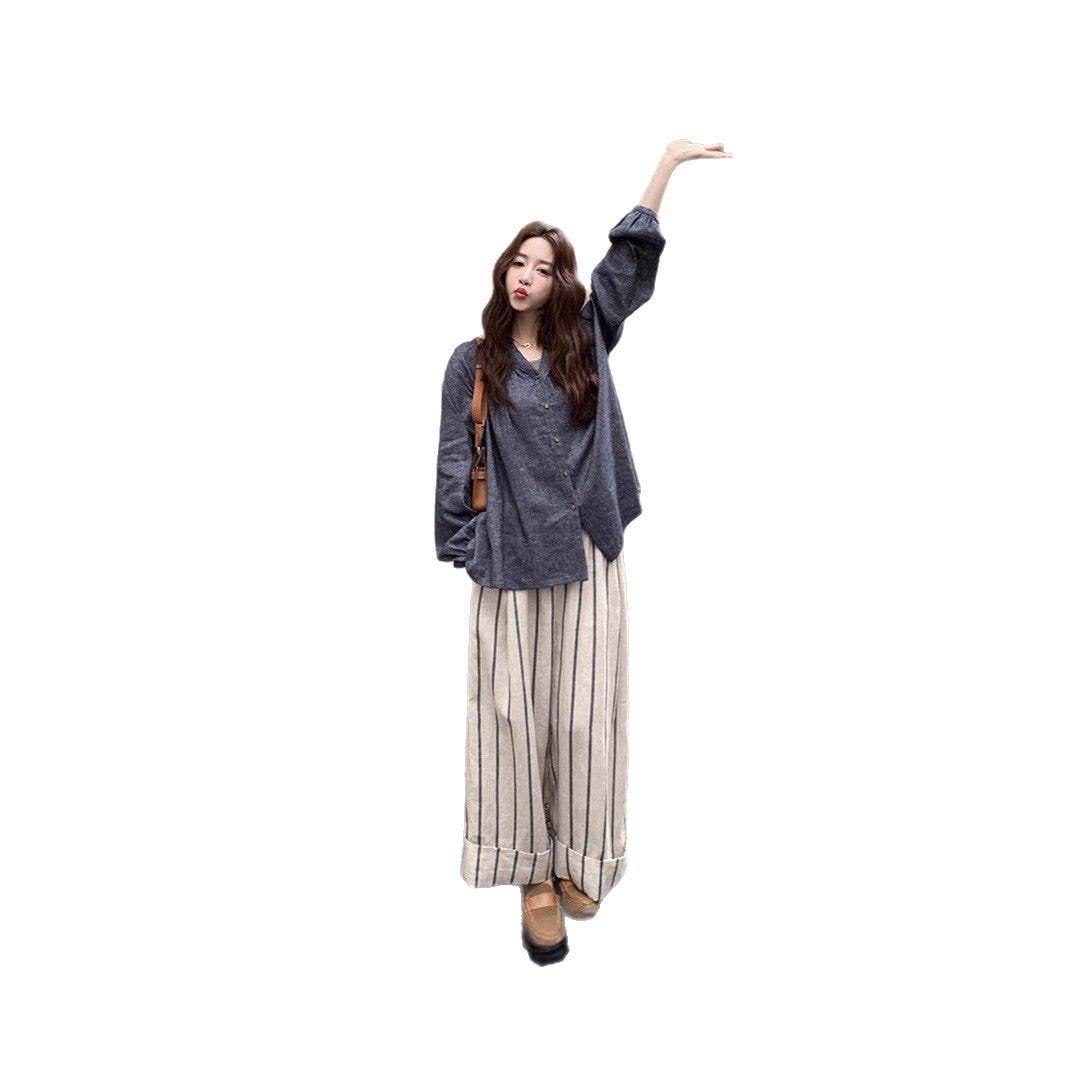 Damen Weite gestreifte Leinen-Culotte mit Umschlagbund Shop Nory