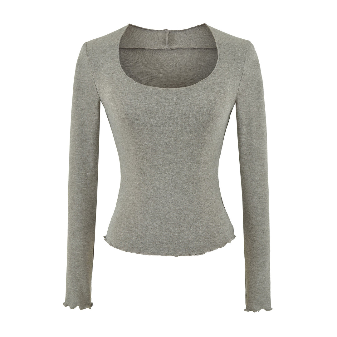 Damen Figurbetontes Langarm-Feinstrickshirt mit quadratischem Ausschnitt und Wellensaum Shop Nory