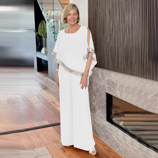 Damen elegantes Zweiteiler-Outfit mit luftiger Bluse und weitem Hosenstil Shopnory