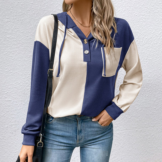 Damen Lässiges Colorblock-Hoodie-Henley mit Waffelstruktur und Brusttasche Shop Nory