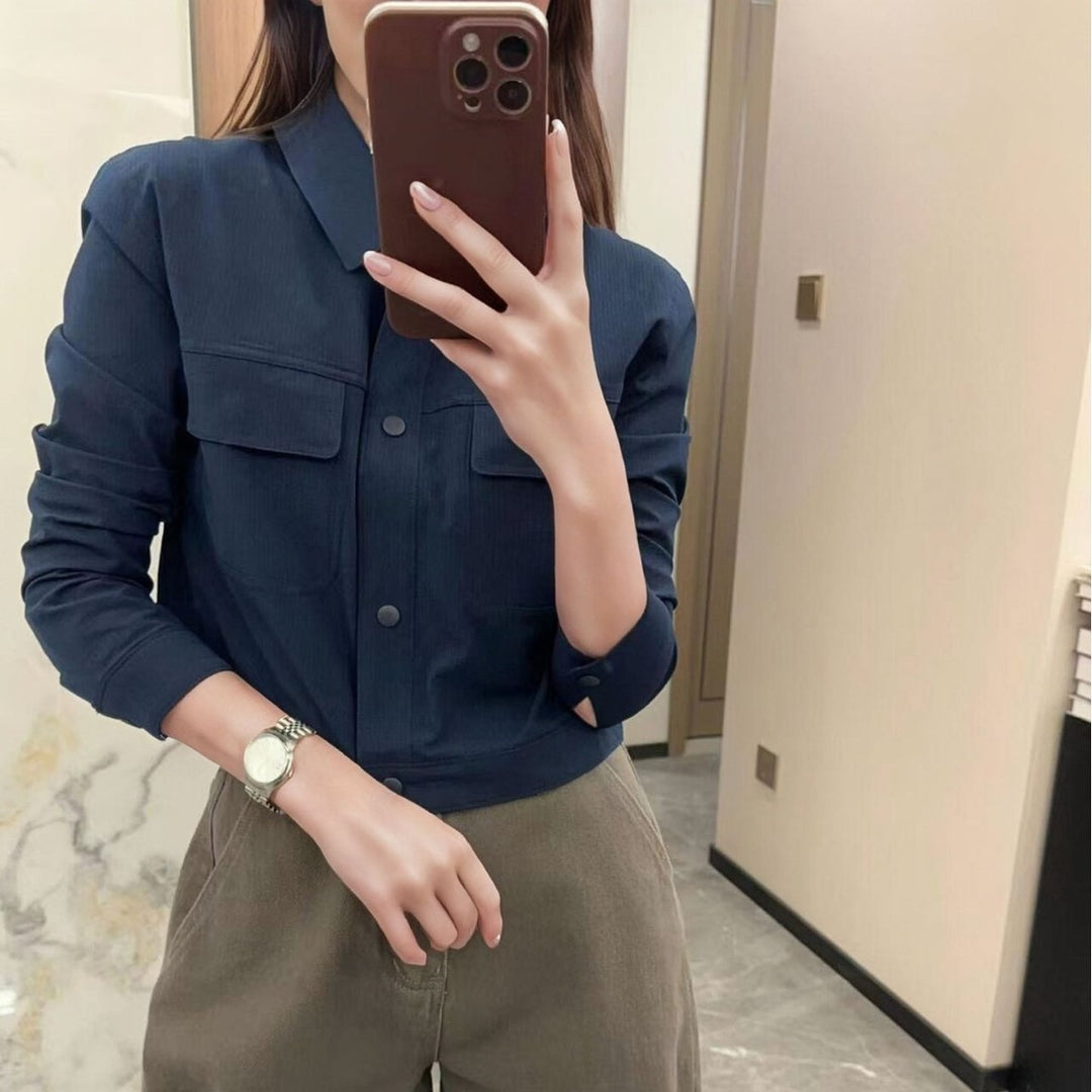 Damen Kurze Overshirt-Jacke aus strukturiertem Canvas mit Brusttaschen Shop Nory