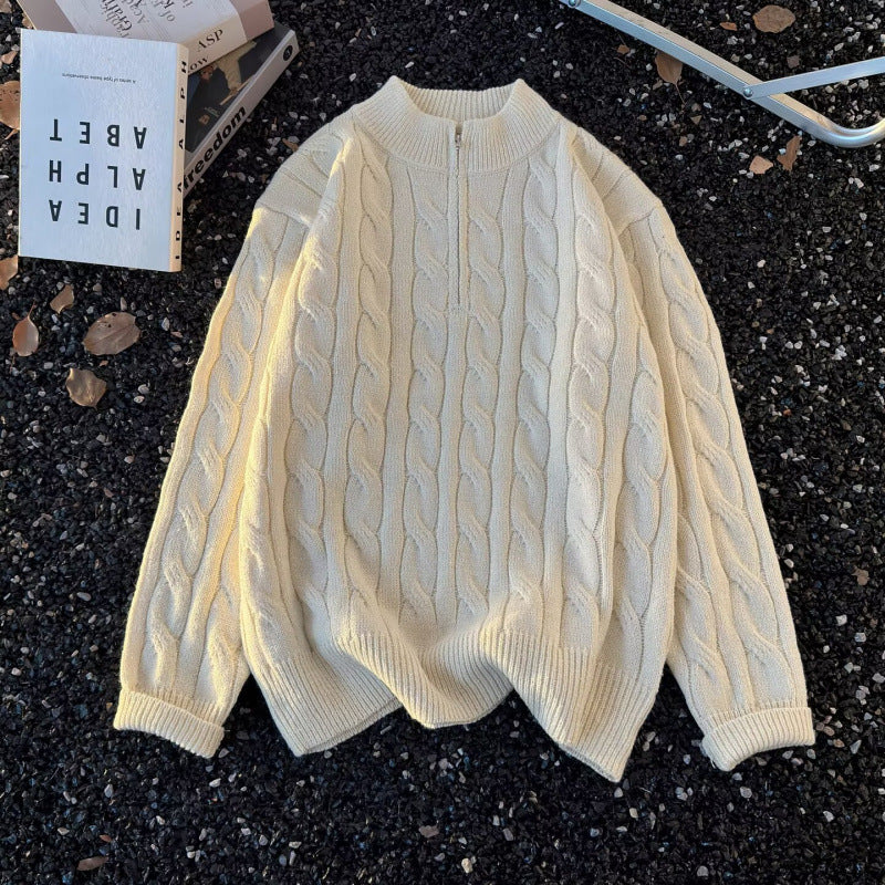 Unisex Oversize-Zopfmuster-Halbzip-Pullover mit extra hohem Rippkragen und schwerer Baumwollmischung Shop Nory