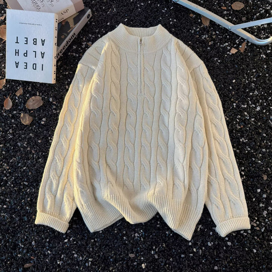 Unisex Oversize-Zopfmuster-Halbzip-Pullover mit extra hohem Rippkragen und schwerer Baumwollmischung Shop Nory