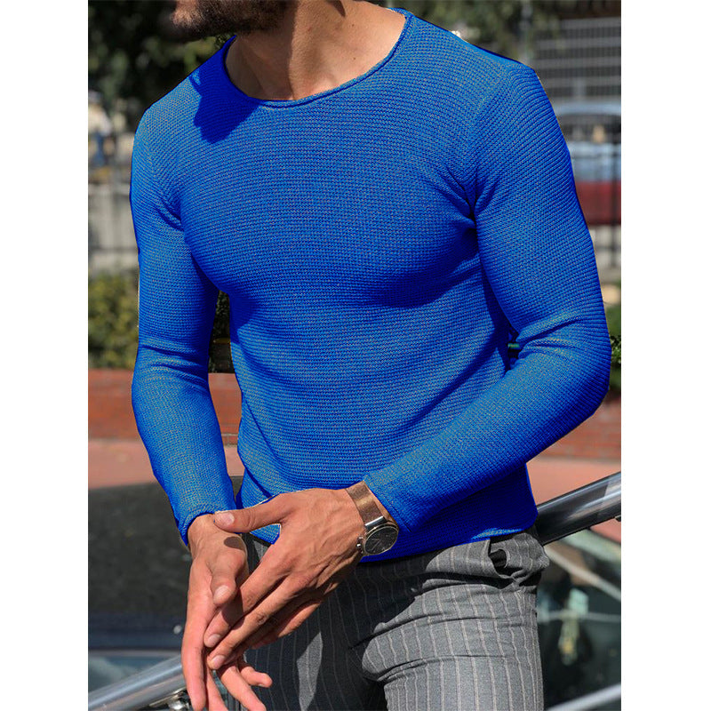 Herren Schmal geschnittener Strukturstrick-Langarmpullover mit Rundhalsausschnitt Shop Nory
