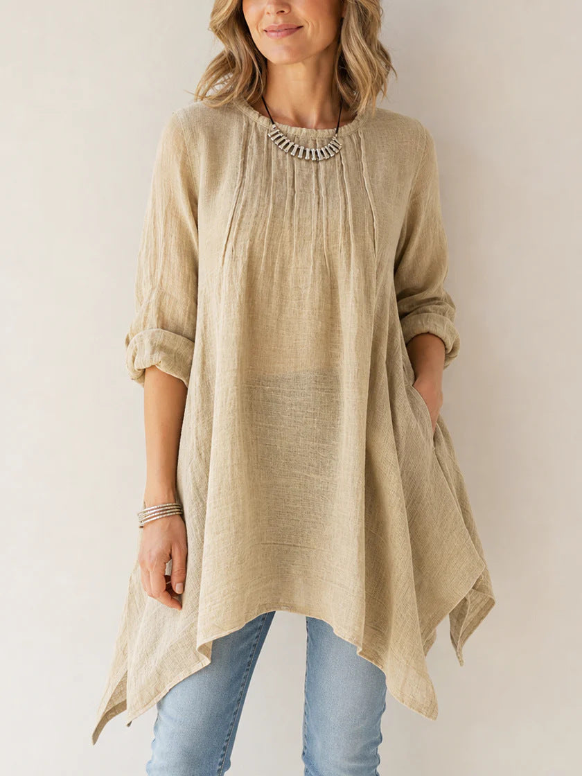 Damen Lässige Tunika-Bluse mit asymmetrischem Saum, feiner Waffelstruktur und Kellerfalten Shop Nory