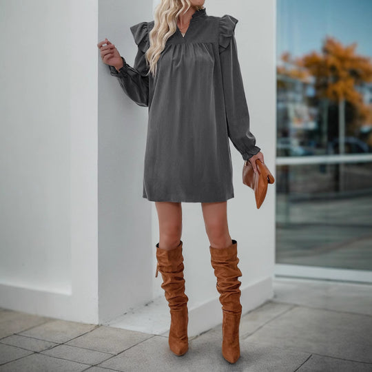 Damen Volant-Hemdkleid mit geraffter Passe, Stehkragen und elastischen Manschetten Shop Nory