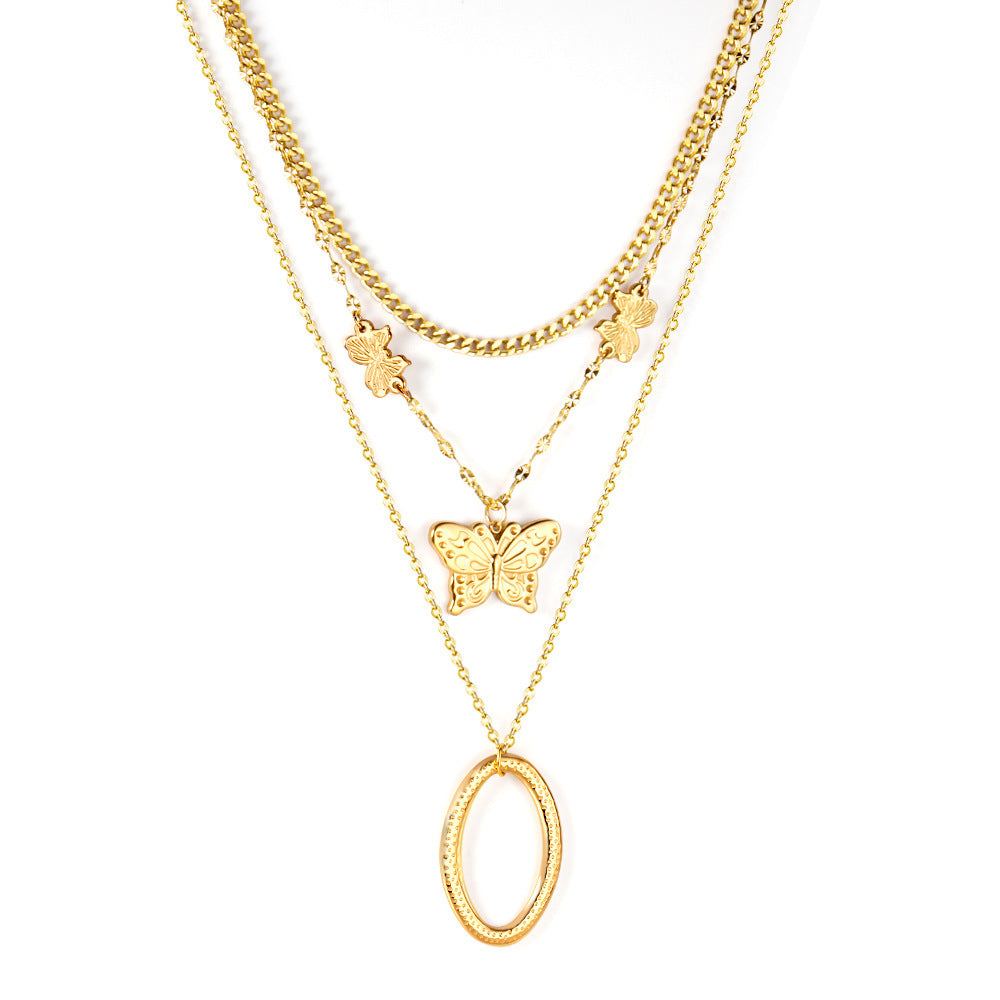 Damen mehrlagige Halskette mit goldplattierten Schmetterlingsanhängern und eleganten Edelstahl-Details Shop Nory