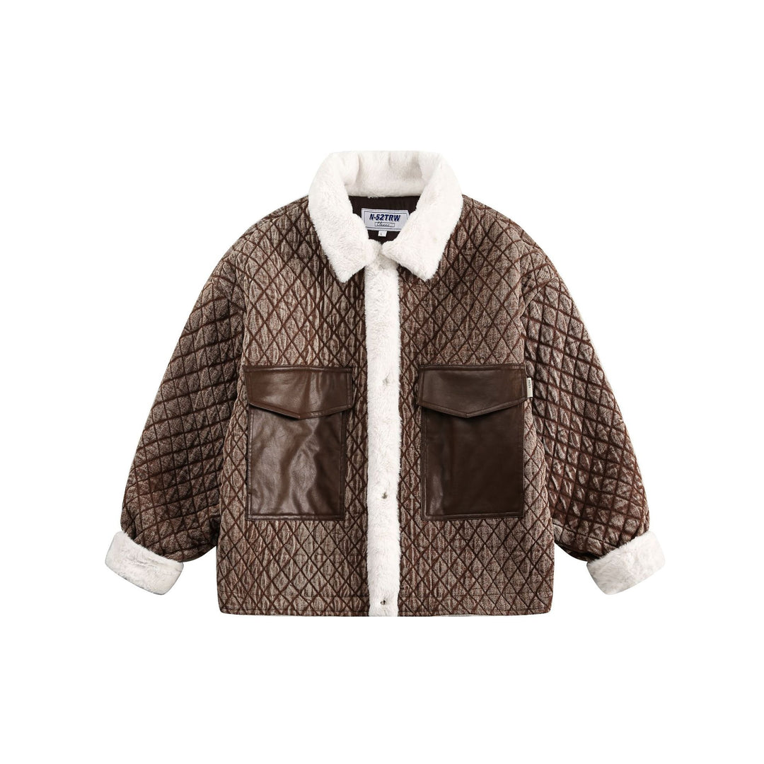 Damen Kurz geschnittene gesteppte Jacke mit Kunstfellkragen und Lederpatch‑Taschen Shop Nory