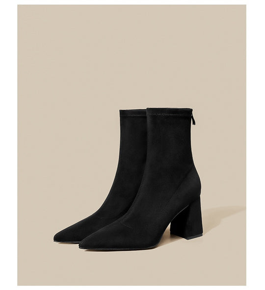 Damen Spitze Sock‑Ankle‑Boots mit skulpturellem Blockabsatz und Stretch‑Veloursoptik Shop Nory
