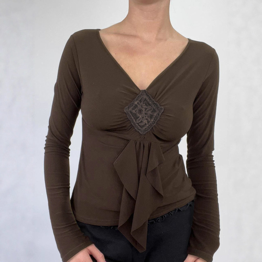 Damen nan figurbetontes Langarmshirt mit Drapé-Vorderteil und gehäkelter Mittelapplikation Shop Nory