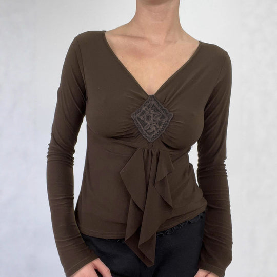 Damen nan figurbetontes Langarmshirt mit Drapé-Vorderteil und gehäkelter Mittelapplikation Shop Nory