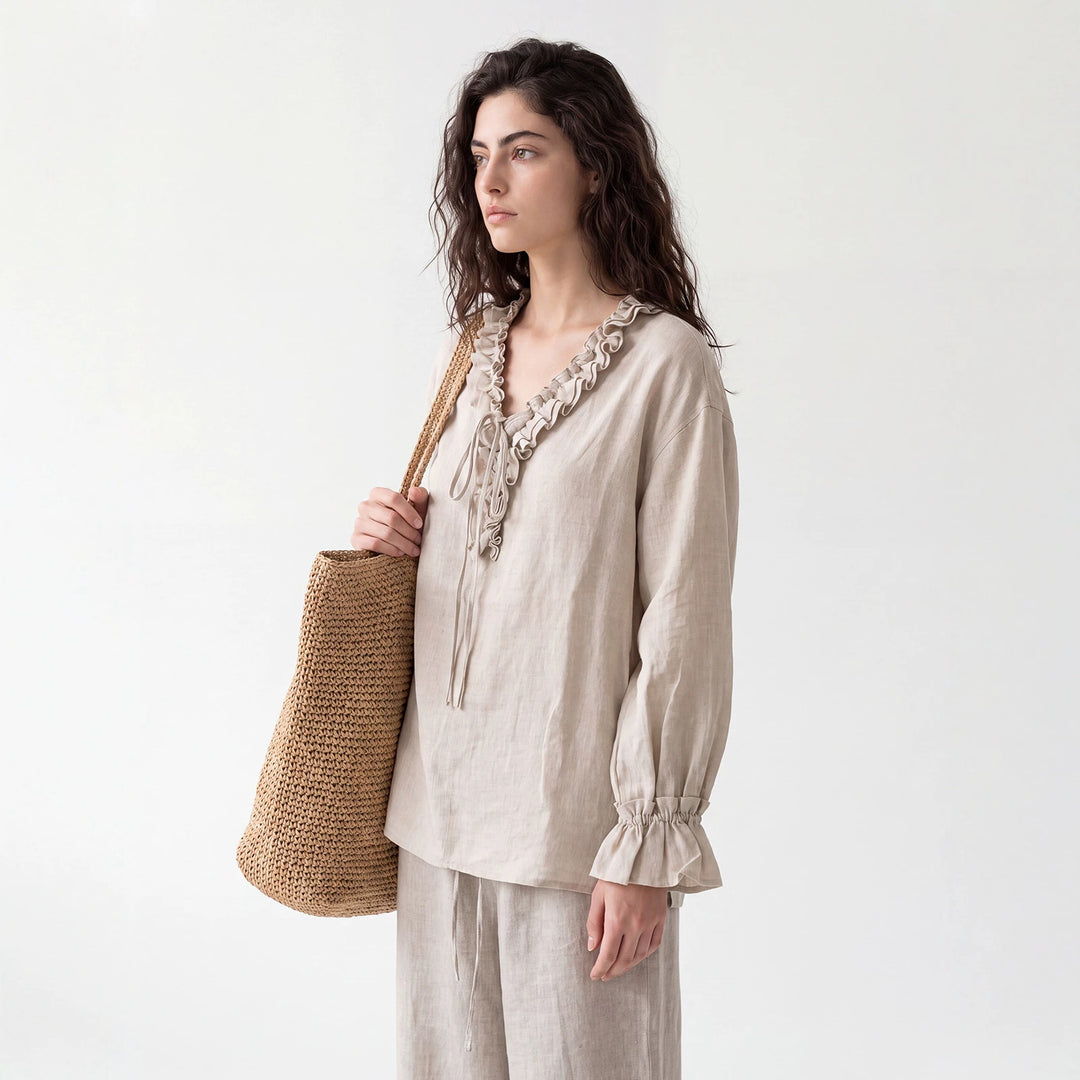 Damen Luftige Leinenbluse mit Rüschen Shop Nory