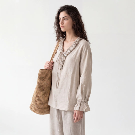 Damen Luftige Leinenbluse mit Rüschen Shop Nory
