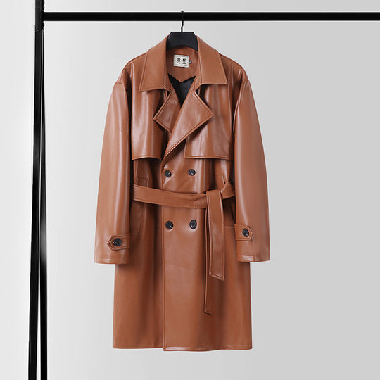 Herren Lederimitat-Trenchcoat mit Doppelreiher, Oversize-Schnitt und Manschettenriegel Shop Nory
