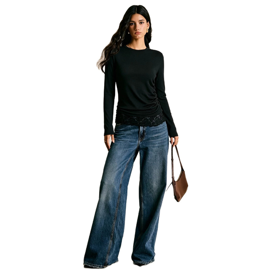 Damen figurbetontes geripptes Langarmshirt mit seitlicher Raffung und Spitzen-Saum Shop Nory