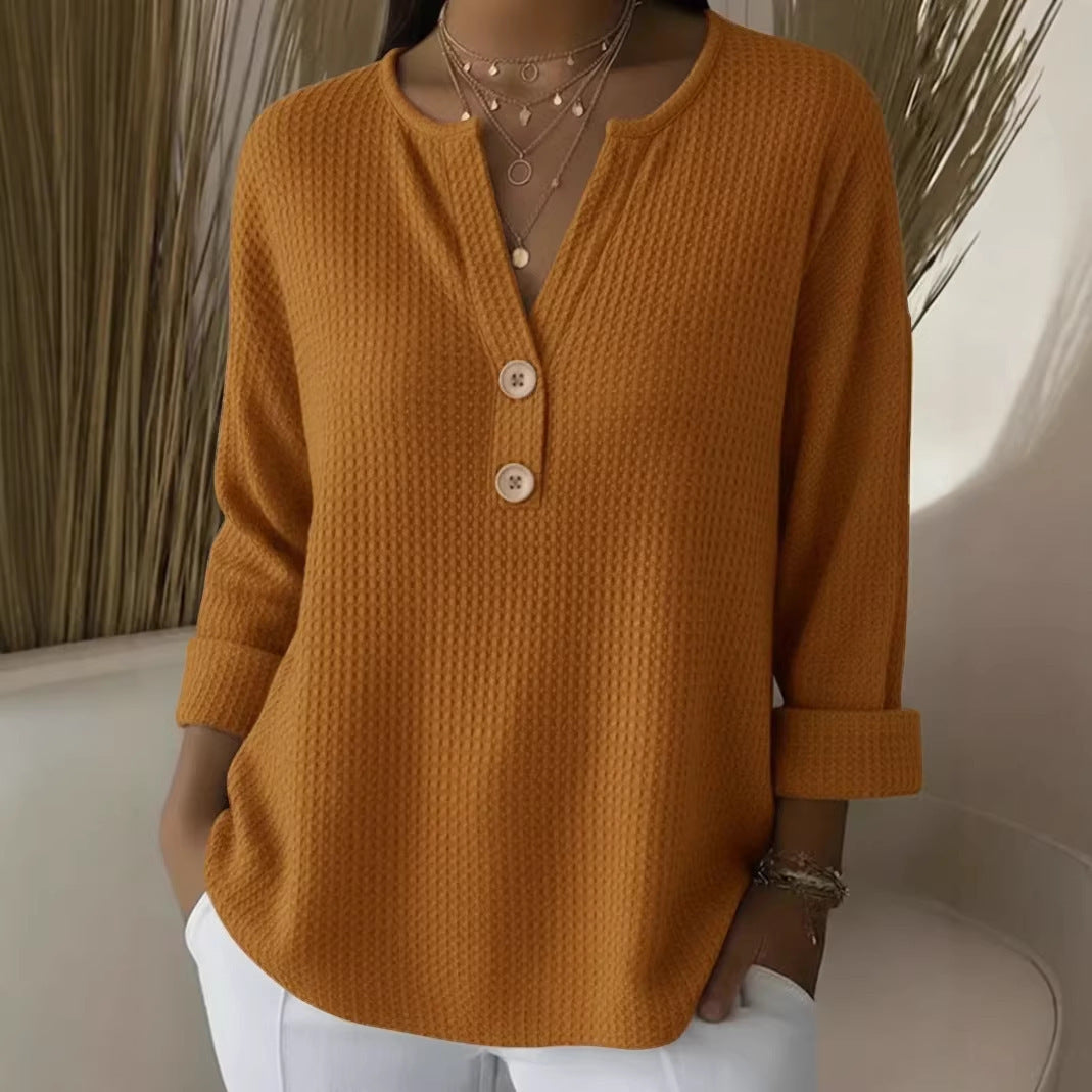 Damen Waffelstrick-Henleyshirt mit Holzknöpfen und krempelbaren Ärmeln Shop Nory
