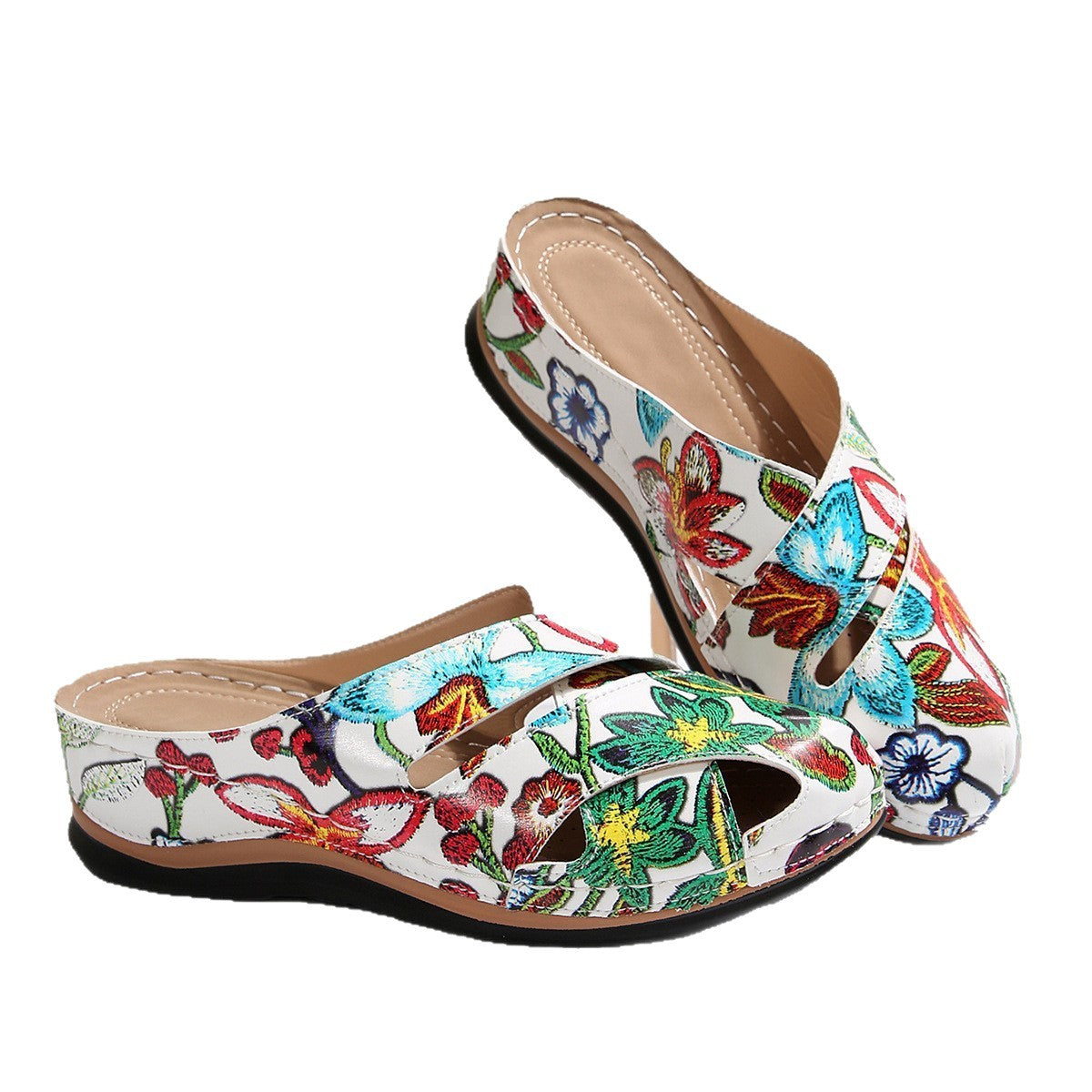 Damen Komfortable Clogs mit dekorativen floralen Stickereien Shopnory