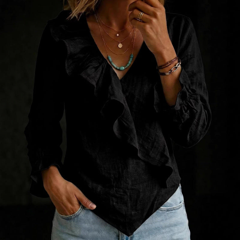 Damen Volant‑Bluse im Leinenlook mit Wickeloptik und asymmetrischem Zipfelsaum Shop Nory