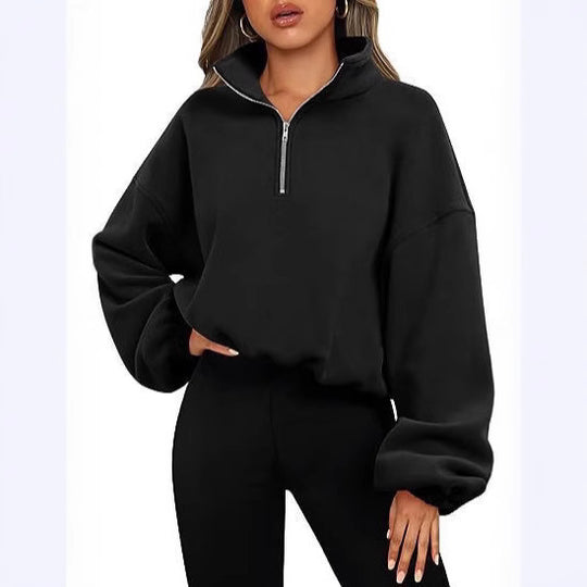 Damen nan kurz geschnittenes Halbzip-Sweatshirt mit hohem Stehkragen, Ballonärmeln und elastischem Saum Shop Nory