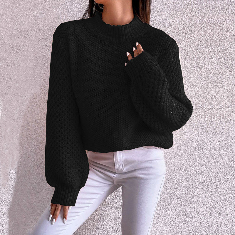 Damen Kurzgeschnitteter Grobstrick-Pullover mit Voluminösen Netzstruktur-Ärmeln und Stehkragen Shop Nory