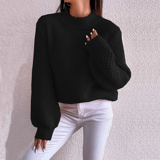 Damen Kurzgeschnitteter Grobstrick-Pullover mit Voluminösen Netzstruktur-Ärmeln und Stehkragen Shop Nory