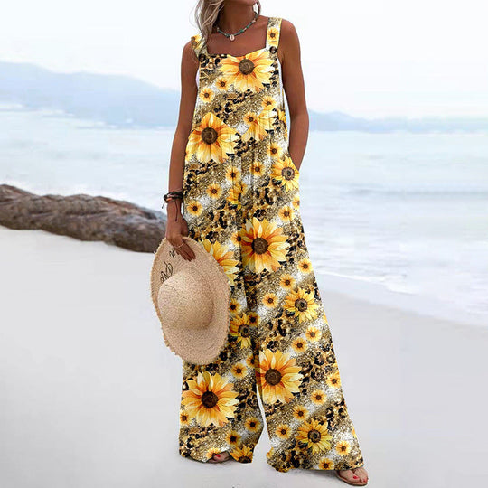 Damen Weit geschnittene Latzhose mit floralem Muster und praktischen Taschen Shopnory