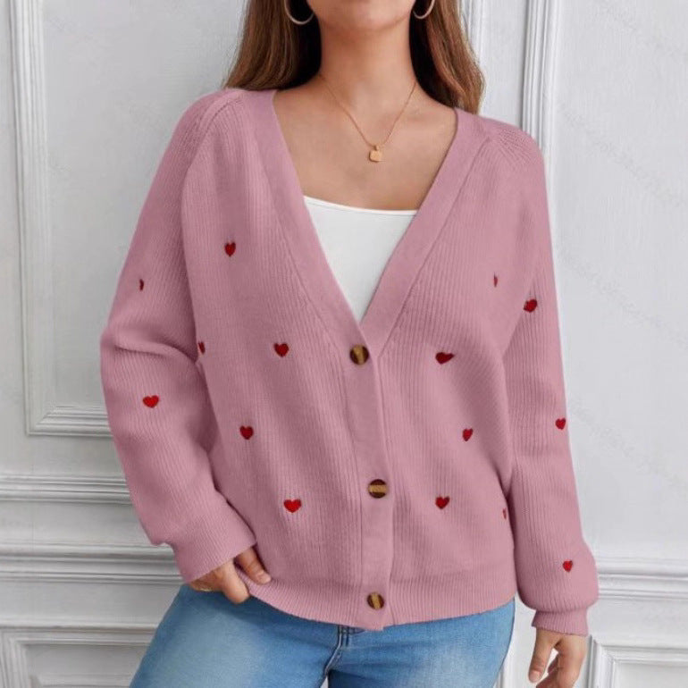 Damen lässige Strickjacke mit Herzapplikationen und tiefem V-Ausschnitt