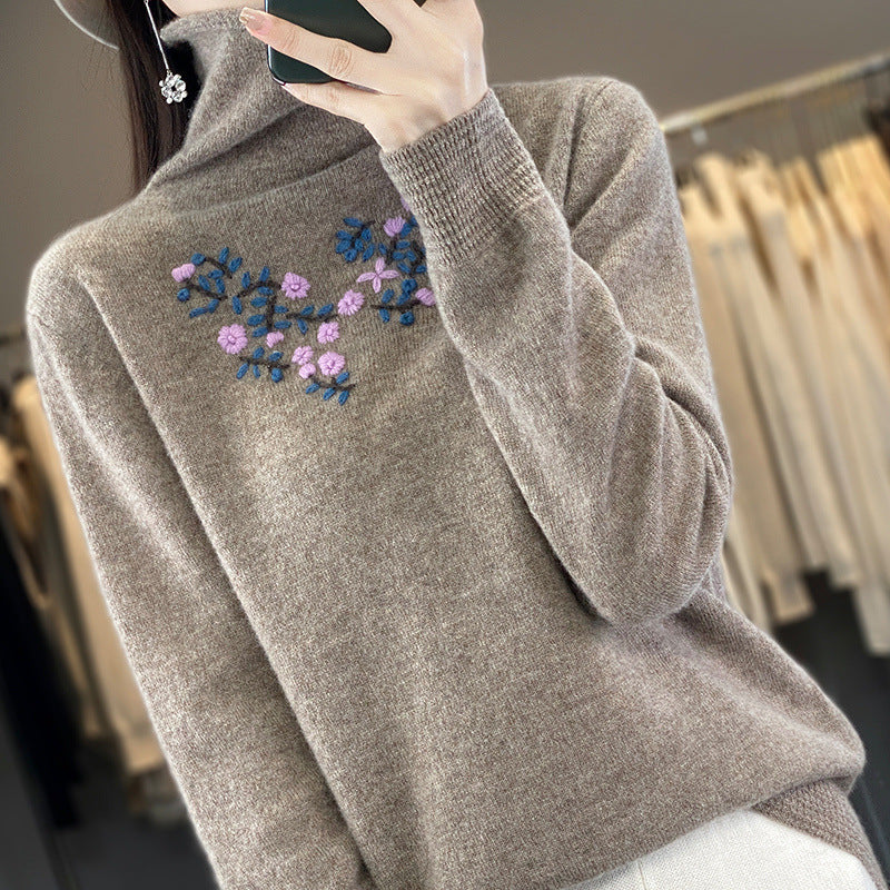 Damen Kaschmir‑Optik Rollkragenpullover mit zarter Blumenstickerei am Brustbereich Shop Nory