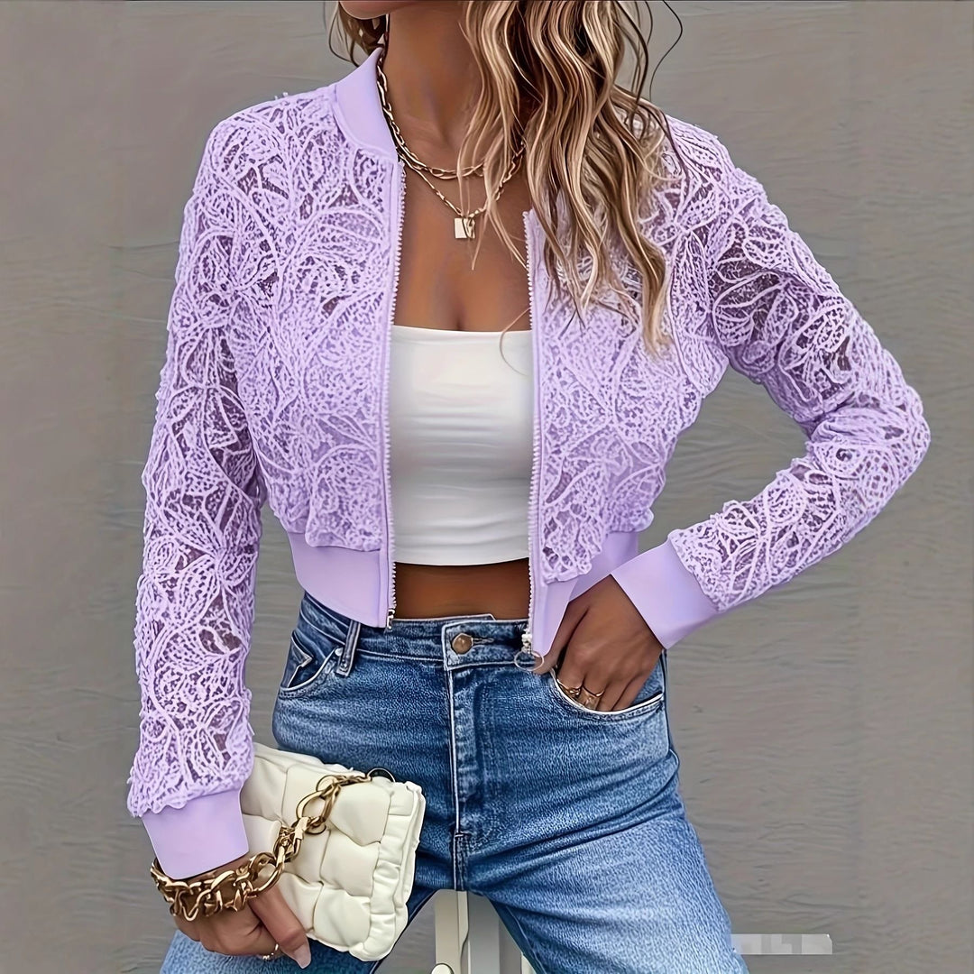 Damen Cropped Spitzen-Bomberjacke mit floraler Häkeloptik und Rippbündchen Shop Nory