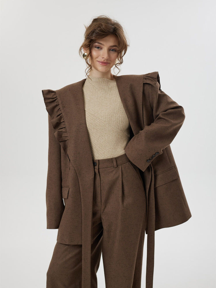 Damen Zweiteiliges Oversize-Blazer-und-Hose-Set mit Volant-Schulter und hoher Bundfalte Shop Nory