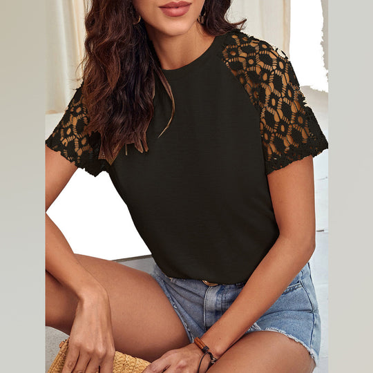Damen Kurzarmshirt mit Häkelspitzen-Ärmeln und Rundhalsausschnitt Shop Nory