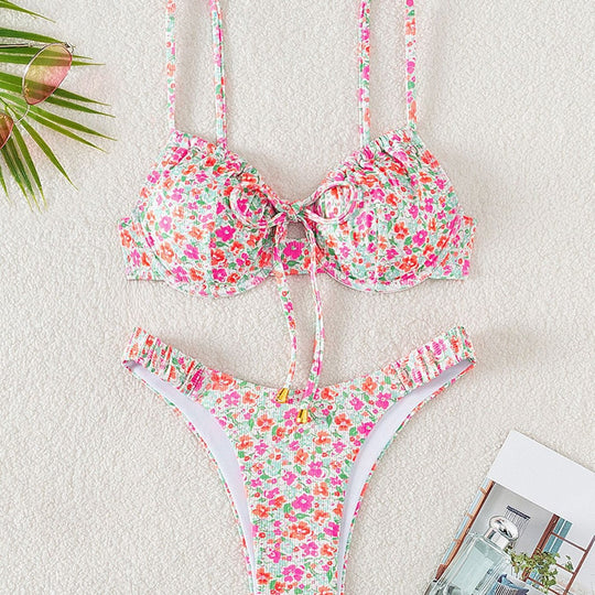 Damen Push-Up-Bikini mit floralem Design und raffinierter Schnürung