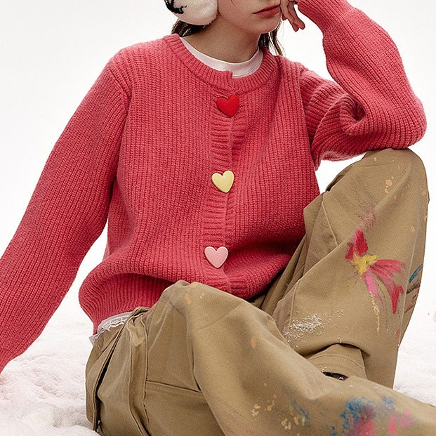Damen Verspielter Strickpullover mit Herzknöpfen Shop Nory