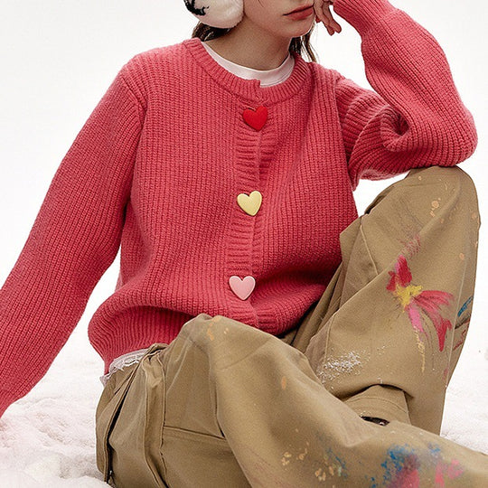 Damen Verspielter Strickpullover mit Herzknöpfen Shop Nory