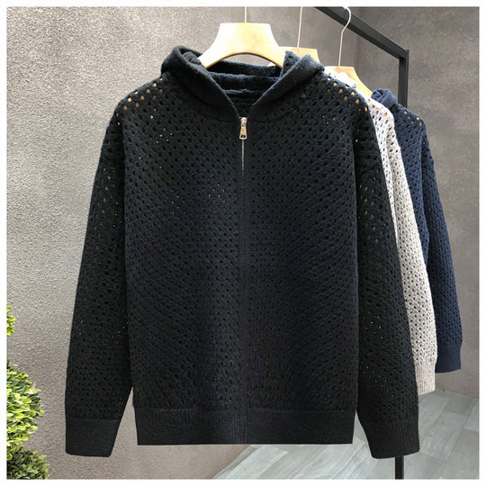 Unisex Leichte Lochstrick-Kapuzenzipjacke mit Ajourmuster Shop Nory