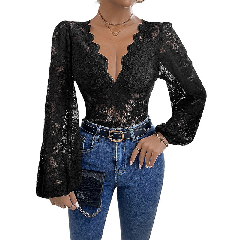 Damen Spitzenbody mit tiefem V‑Ausschnitt, geschwungenem Abschluss und Puffärmeln Shop Nory