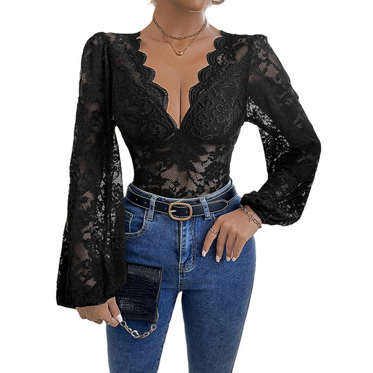Damen Spitzenbody mit tiefem V‑Ausschnitt, geschwungenem Abschluss und Puffärmeln Shop Nory
