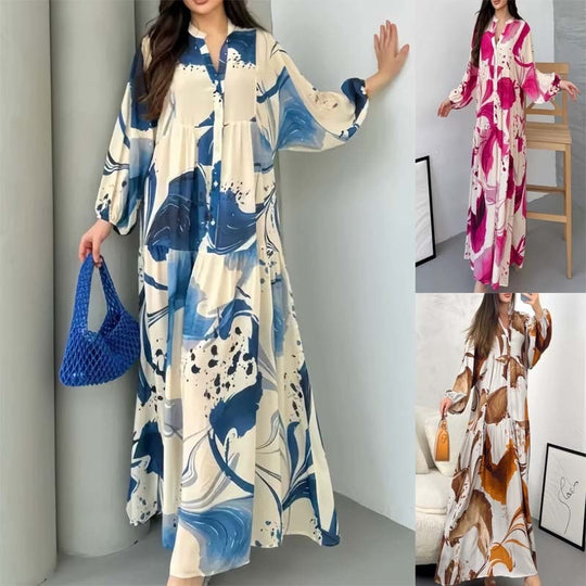 Damen Fließendes Stufenkleid mit Stehkragen, Ballonärmeln und Knopfleiste Shop Nory