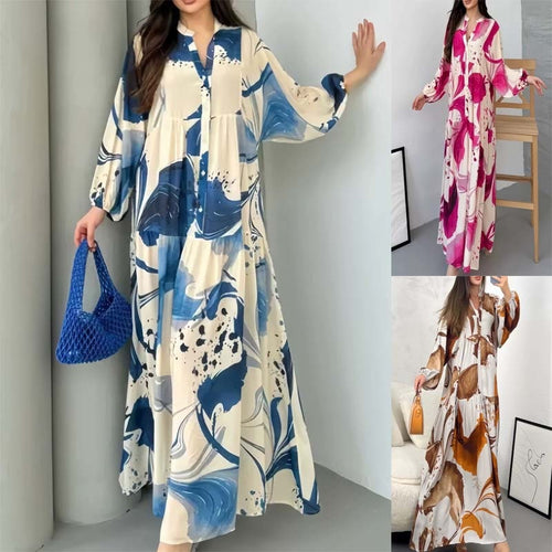 Damen Fließendes Stufenkleid mit Stehkragen, Ballonärmeln und Knopfleiste Shop Nory