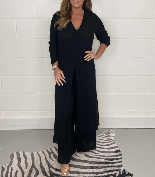 Damen Langes V‑Ausschnitt Tunika‑Kleid mit Frontschlitz und weiter Palazzohose Shop Nory