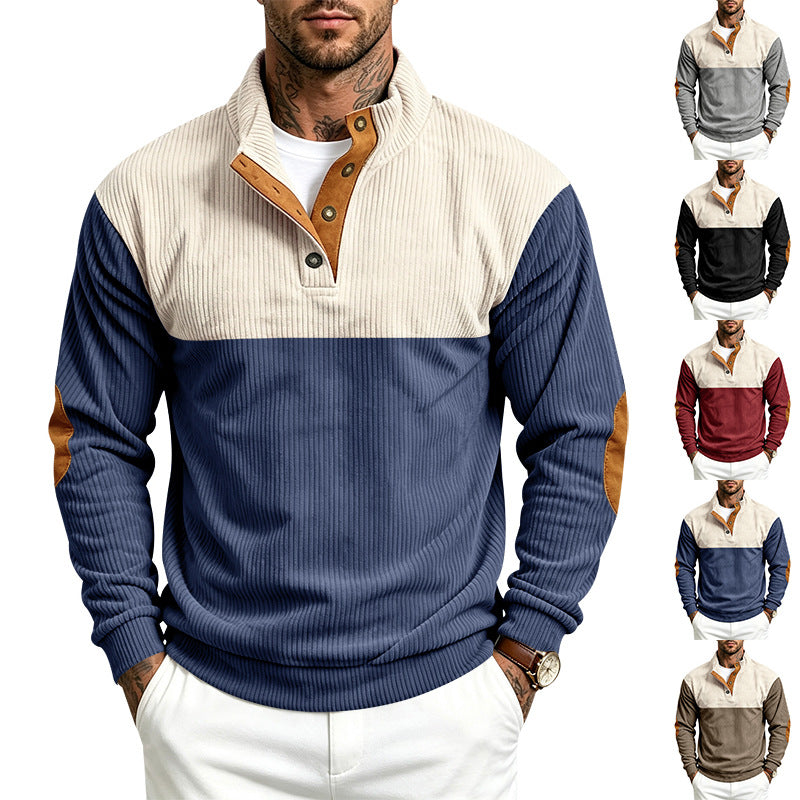 Herren Strukturierter Troyer-Pullover mit Stehkragen, Druckknopfleiste und Ellbogen‑Patches Shop Nory