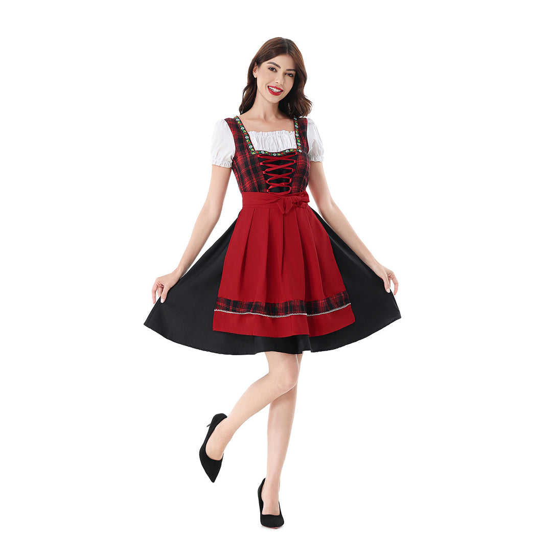 Damen nan traditionelles Dirndlkleid mit kariertem Mieder, Schnürung, Puffärmeln und Schürze Shop Nory