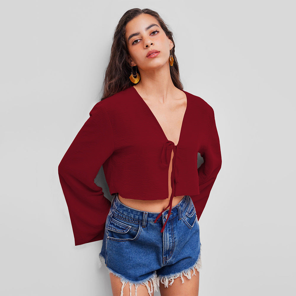 Damen kurzes Bindecrop-Top mit V-Ausschnitt, Knotenbindetail und Glockenärmeln Shop Nory