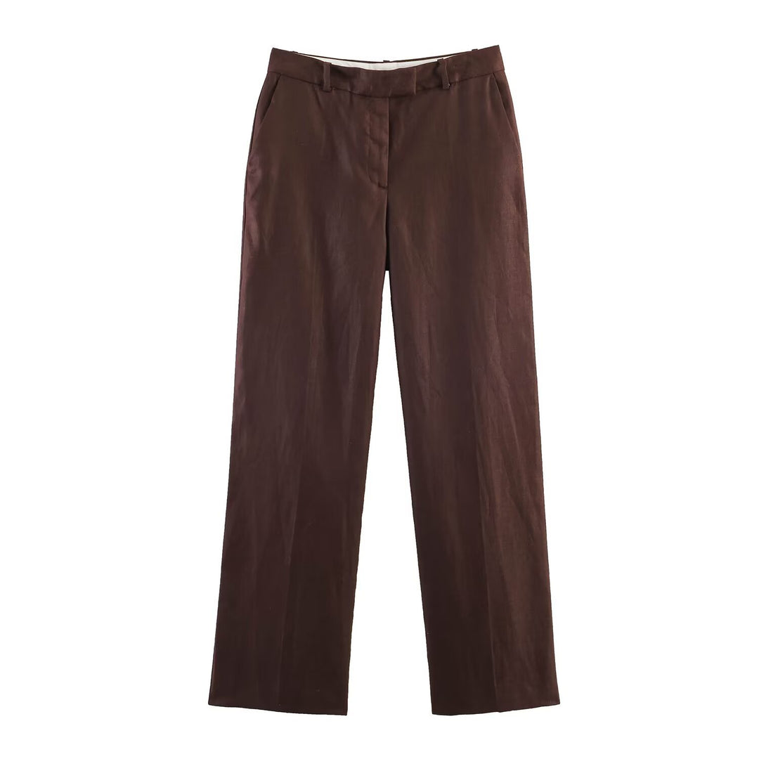 Damen Gerade geschnittene Leinenmisch-Hose mit hohem Bund, Bügelfalte und Eingrifftaschen Shop Nory