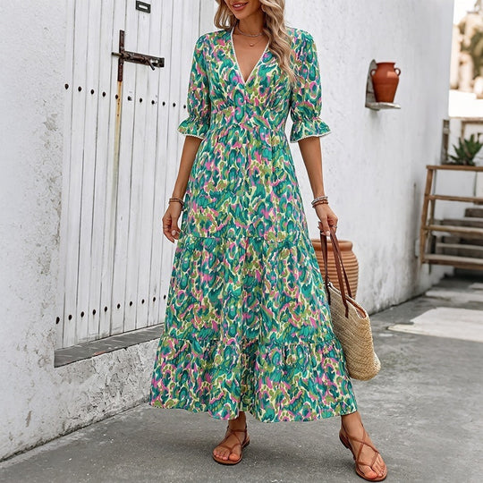 Damen Langes Maxikleid mit Rüschendetails und V-Ausschnitt Shop Nory