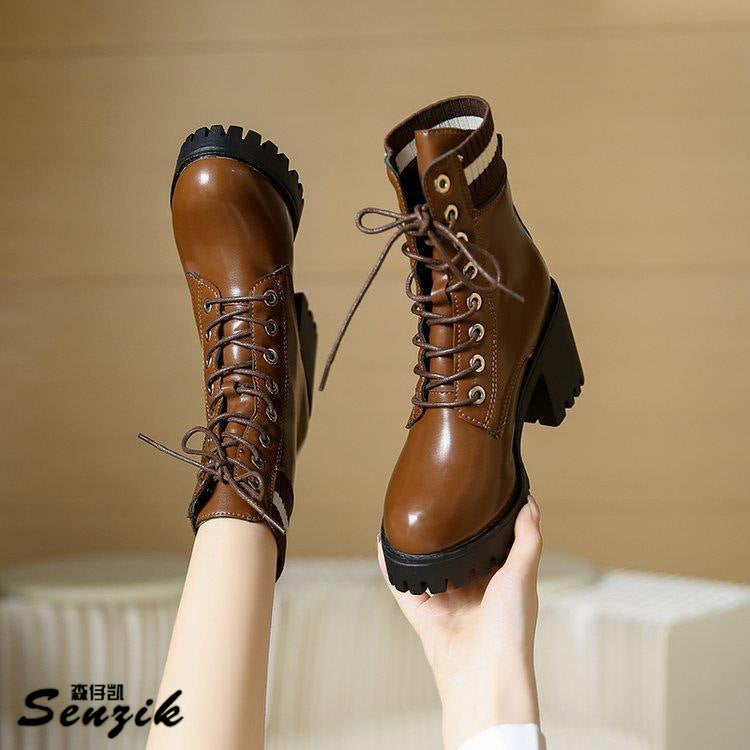 Damen Schnürstiefel mit robustem Blockabsatz und elastischem Strickkragen